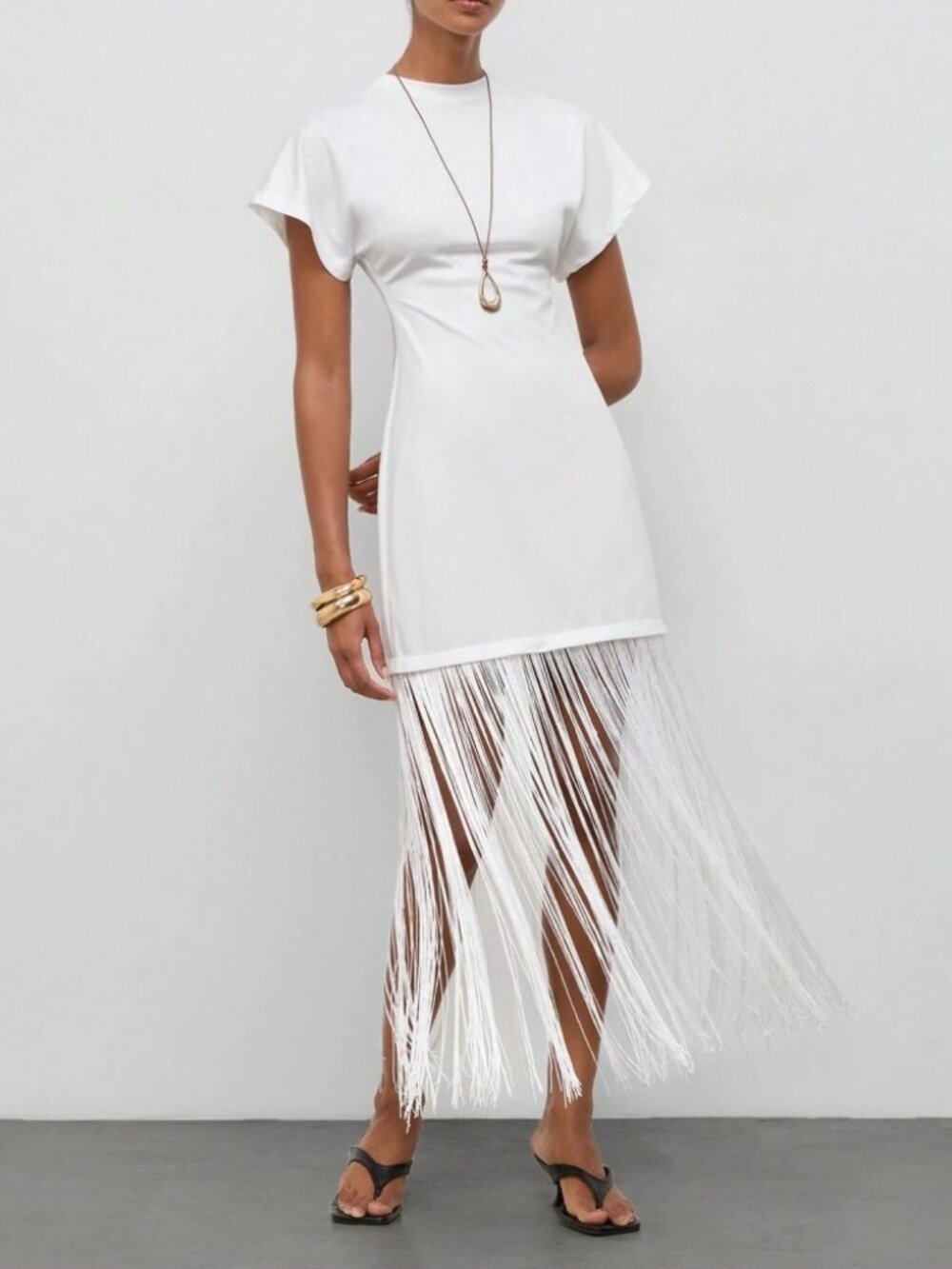 White Knit Fringe Hem Mini Dress - Picture 2 of 6